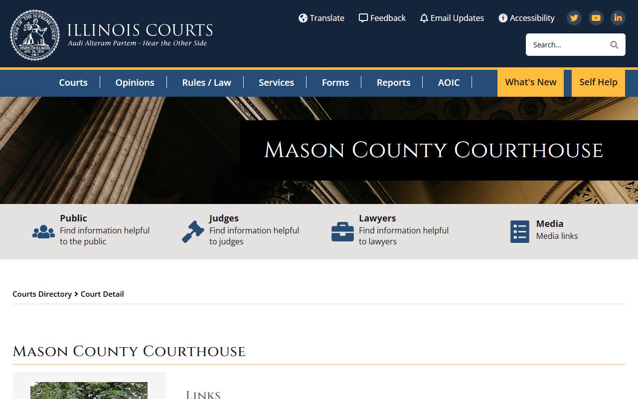 Illinois Courts directory page for the Mason County courthouse and case search