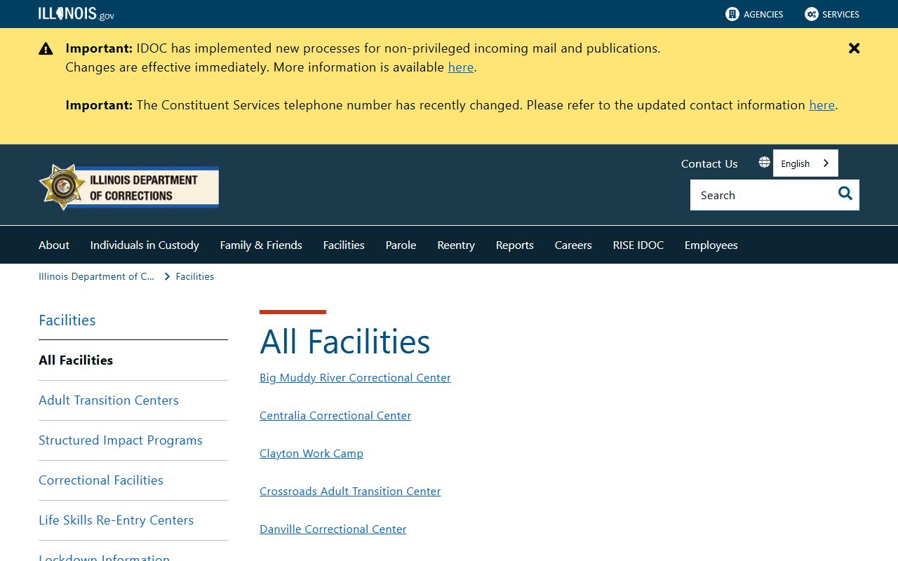 IDOC all-facilities list confirming no state prison holds Mason County inmates locally