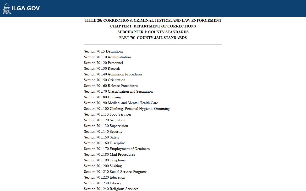 Illinois county jail standards that govern the Mason County Jail inmate population