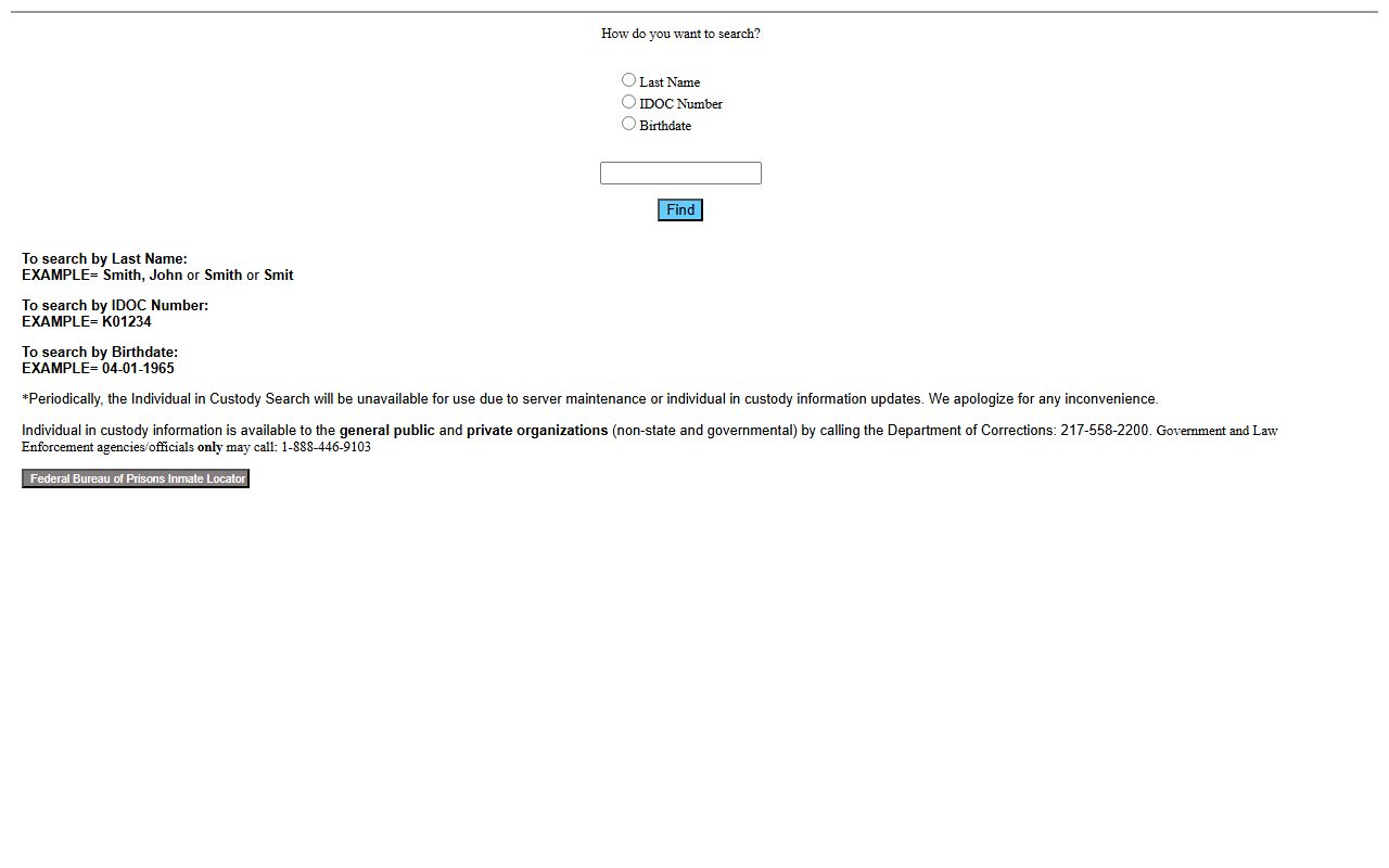 Illinois IDOC search form for finding a sentenced Mason County inmate